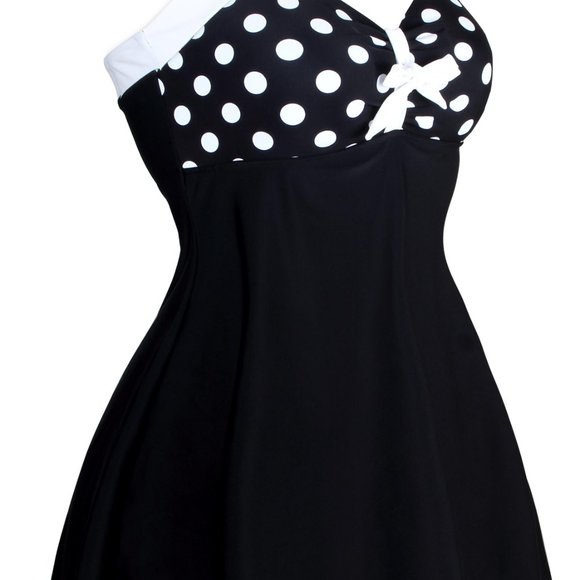 Black White Polka Dot One-piece Swimdress - Picture 6 of 9